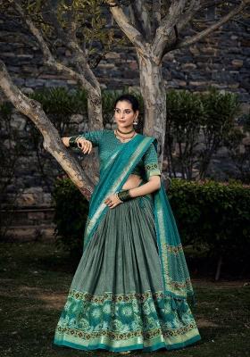 Green Printed Tissue Silk Lehenga Set