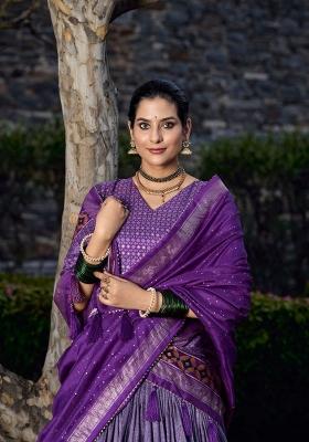 Purple Printed Tissue Silk Lehenga Set
