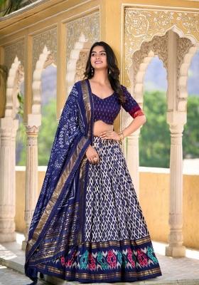Blue Printed Tissue Silk Lehenga Set