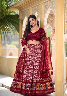 Red Printed Tissue Silk Lehenga Set