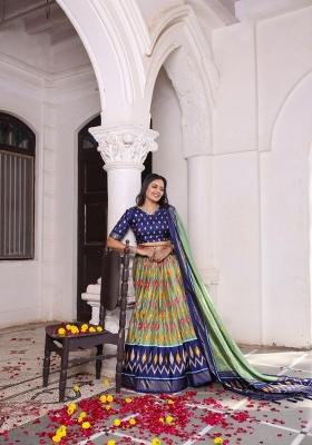 Blue Printed Silk Lehenga Set