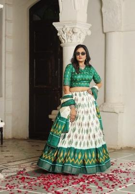 Green Printed Silk Lehenga Set