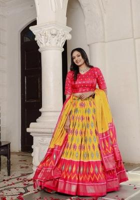 Red Printed Silk Lehenga Set