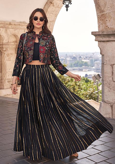 Black Digital Print Chinon Silk Lehenga Set