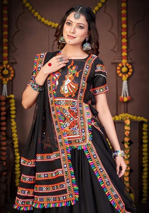 Black Embroidered Georgette Lehenga Set With Dupatta