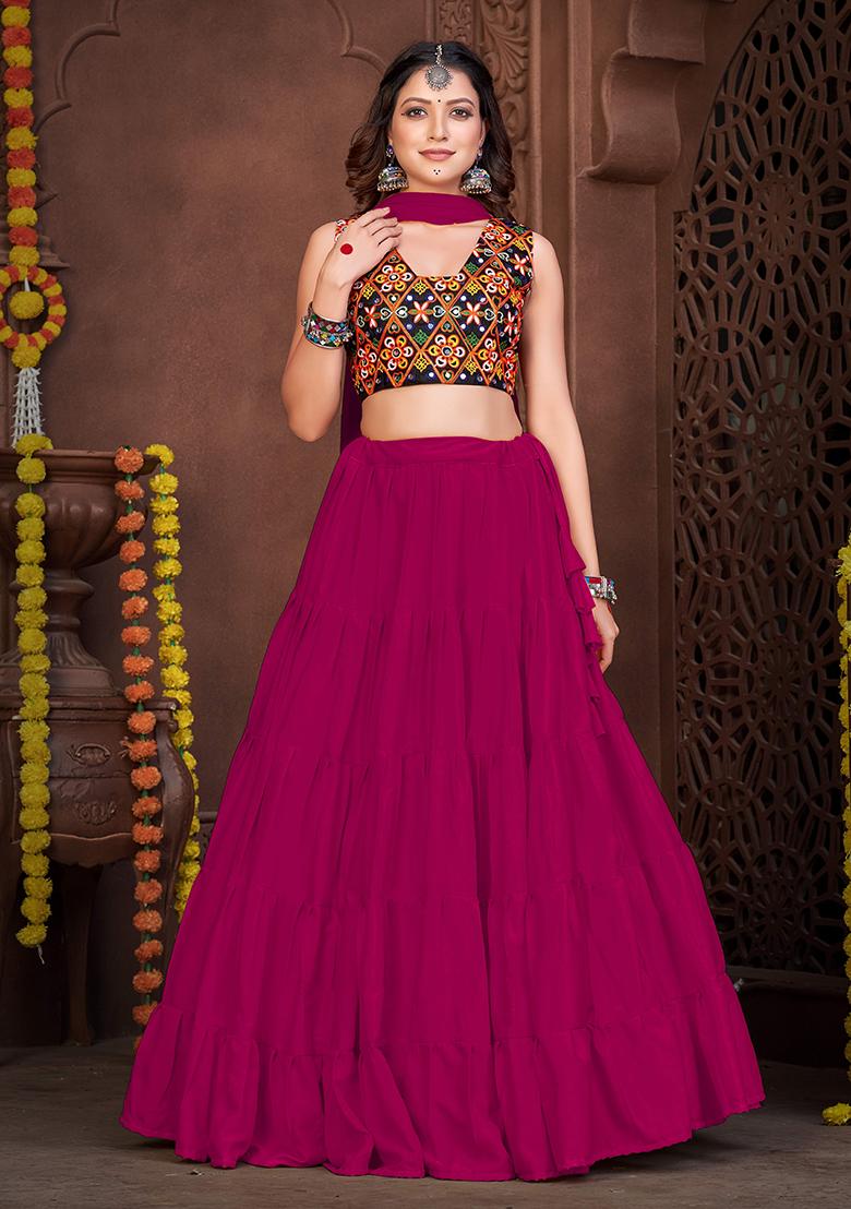 Pink Embroidered Mono Silk Lehenga Set With Dupatta