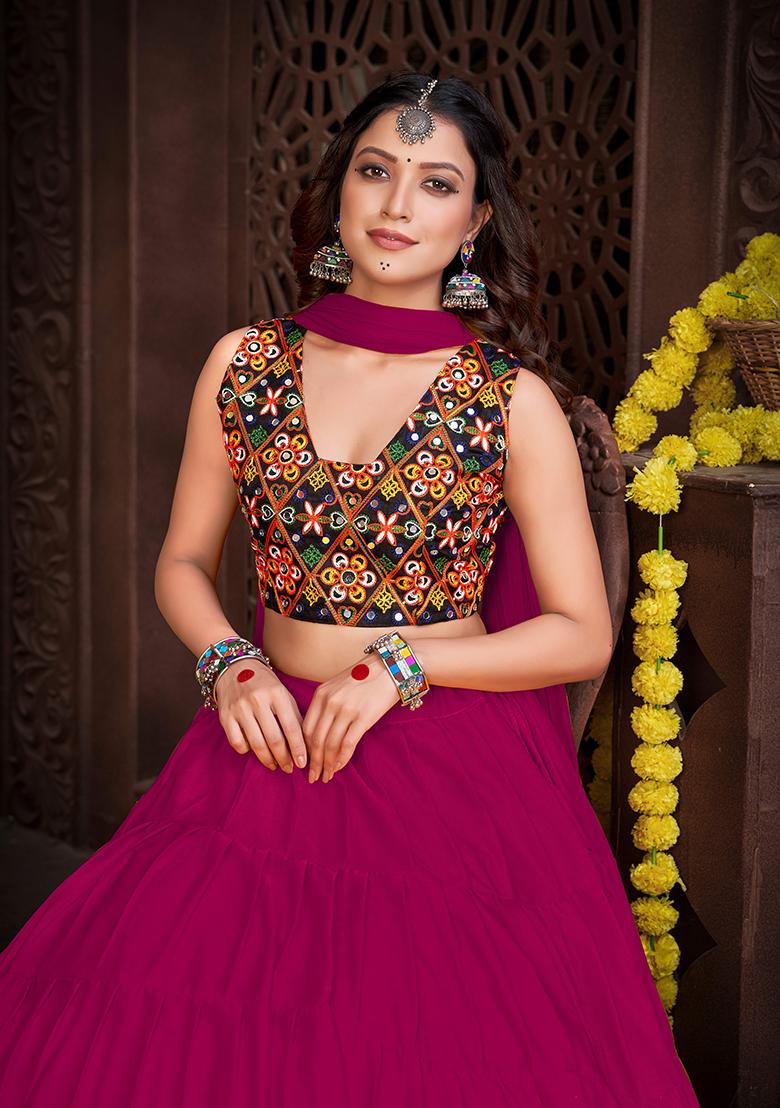 Pink Embroidered Mono Silk Lehenga Set With Dupatta