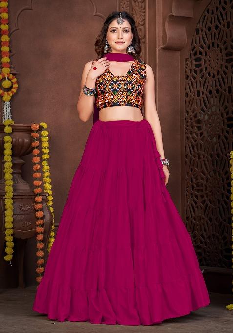 Pink Embroidered Mono Silk Lehenga Set With Dupatta