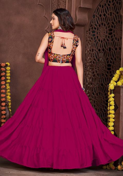 Pink Embroidered Mono Silk Lehenga Set With Dupatta