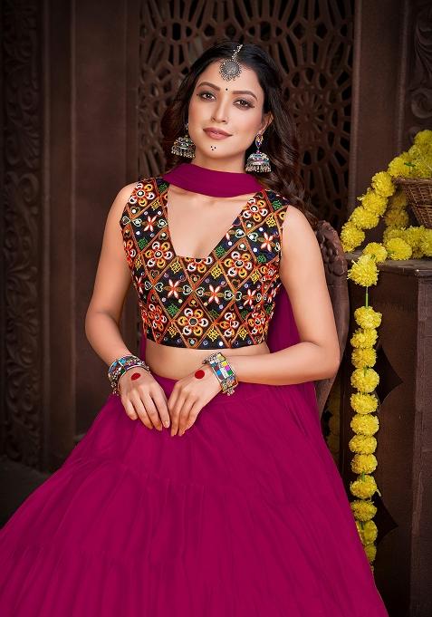 Pink Embroidered Mono Silk Lehenga Set With Dupatta