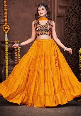 Yellow Embroidered Mono Silk Lehenga Set With Dupatta