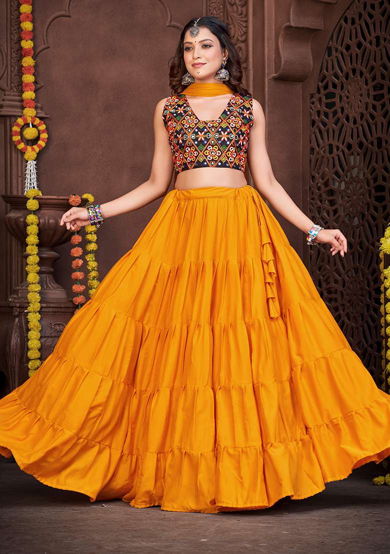 Yellow Embroidered Mono Silk Blend Chaniya Choli Set For Navratri And Garba for Diwali | Wedding & Festive Wear - Indya