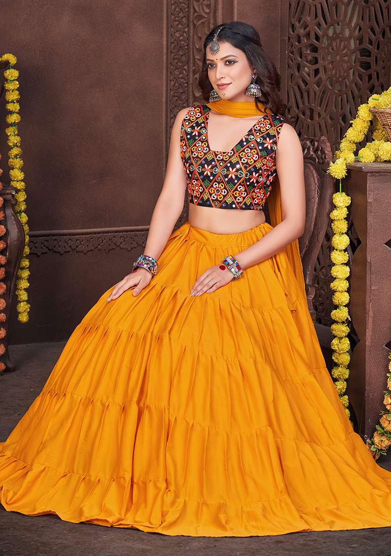 Yellow Embroidered Mono Silk Blend Chaniya Choli Set For Navratri And Garba for Diwali | Wedding & Festive Wear - Indya