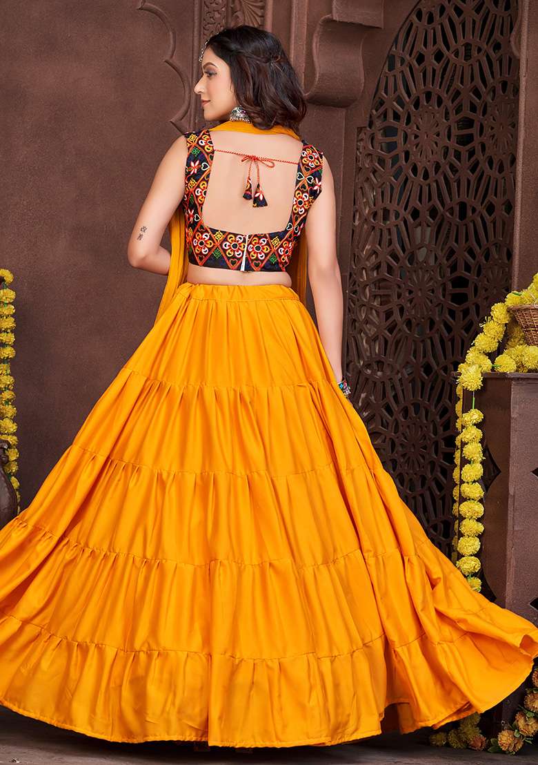 Yellow Embroidered Mono Silk Blend Chaniya Choli Set For Navratri And Garba for Diwali | Wedding & Festive Wear - Indya