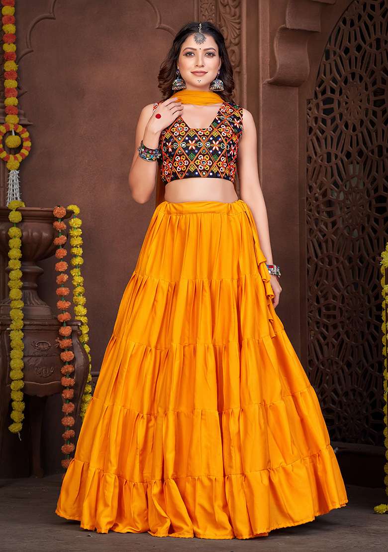 Yellow Embroidered Mono Silk Blend Chaniya Choli Set For Navratri And Garba for Diwali | Wedding & Festive Wear - Indya