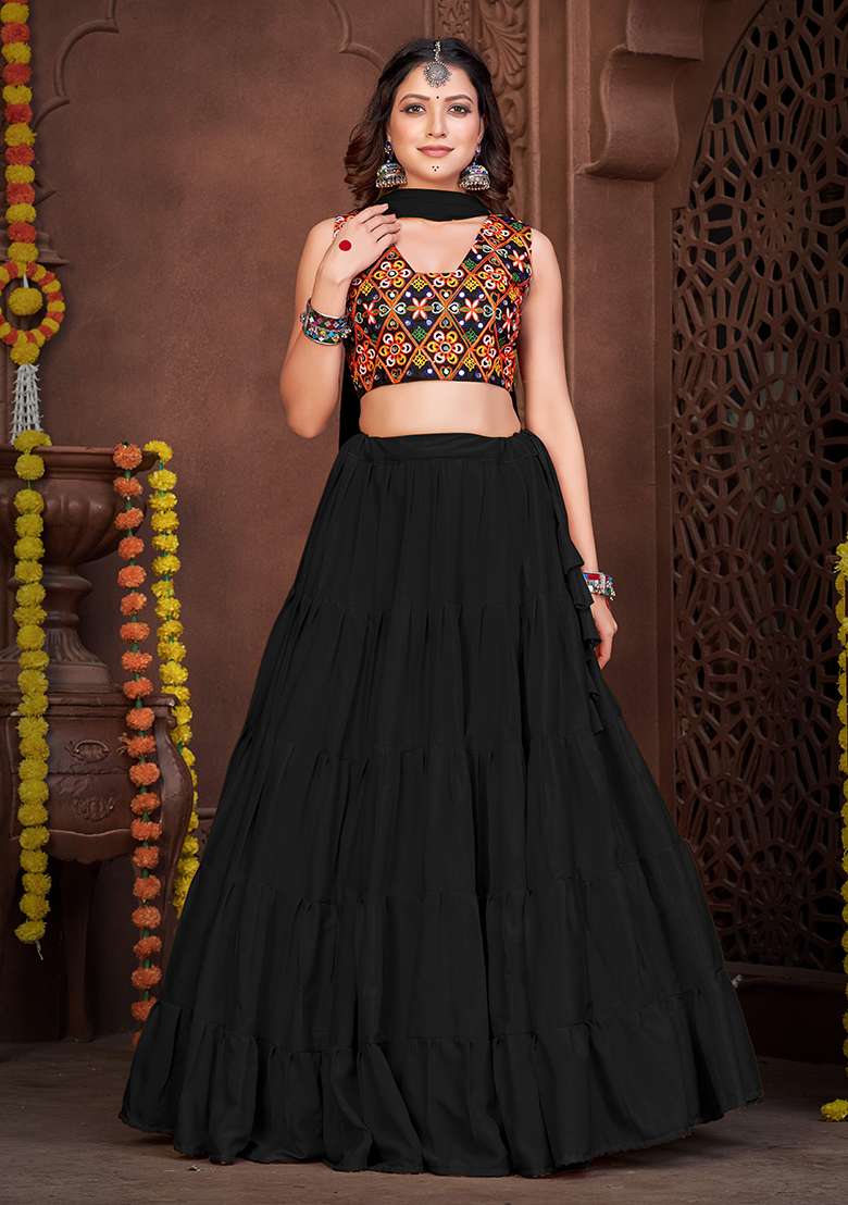 Black Embroidered Mono Silk Blend Chaniya Choli Set For Navratri And Garba for Diwali and Festive Wear - Indya