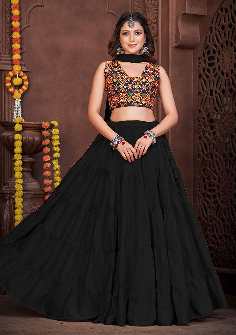 Black Embroidered Mono Silk Blend Chaniya Choli Set For Navratri And Garba for Diwali and Festive Wear - Indya