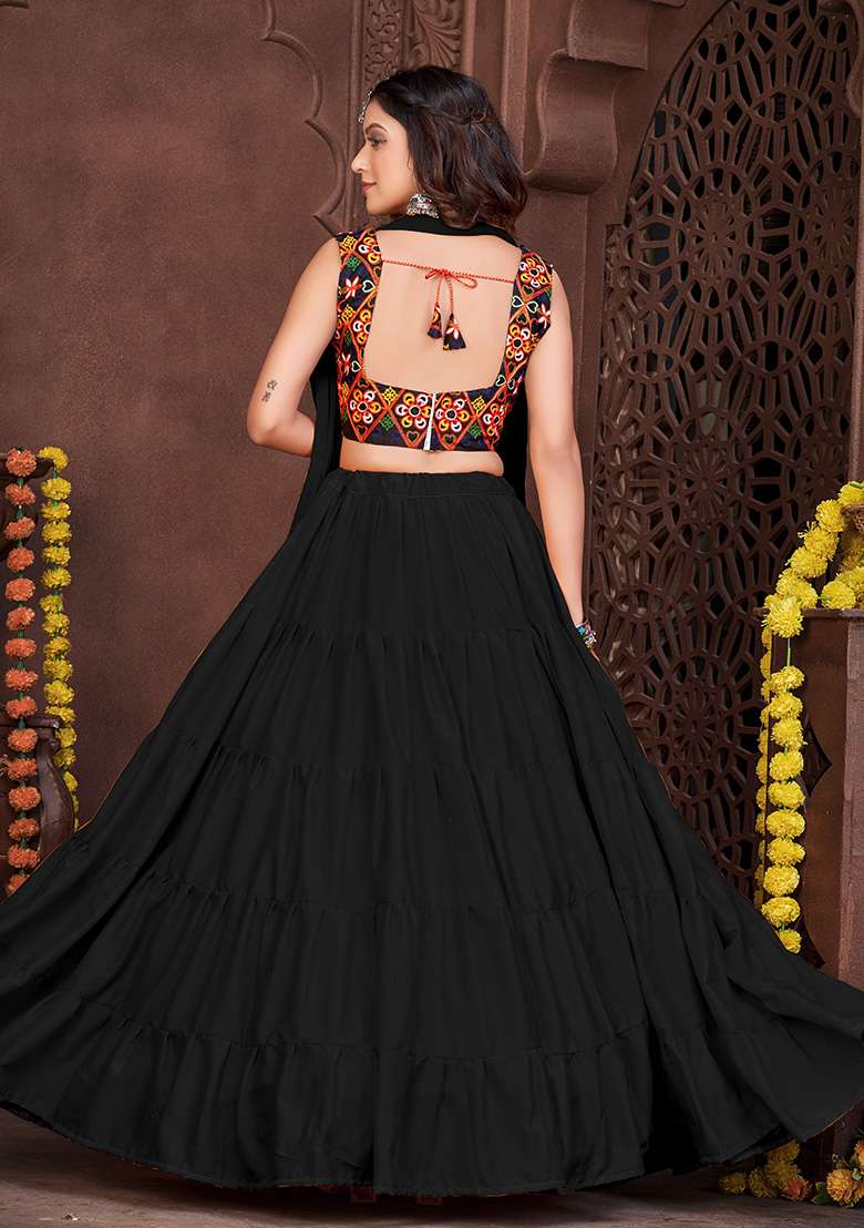 Black Embroidered Mono Silk Blend Chaniya Choli Set For Navratri And Garba for Diwali and Festive Wear - Indya