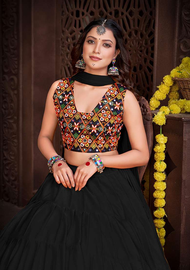 Black Embroidered Mono Silk Blend Chaniya Choli Set For Navratri And Garba for Diwali and Festive Wear - Indya