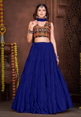 Blue Embroidered Mono Silk Lehenga Set With Dupatta