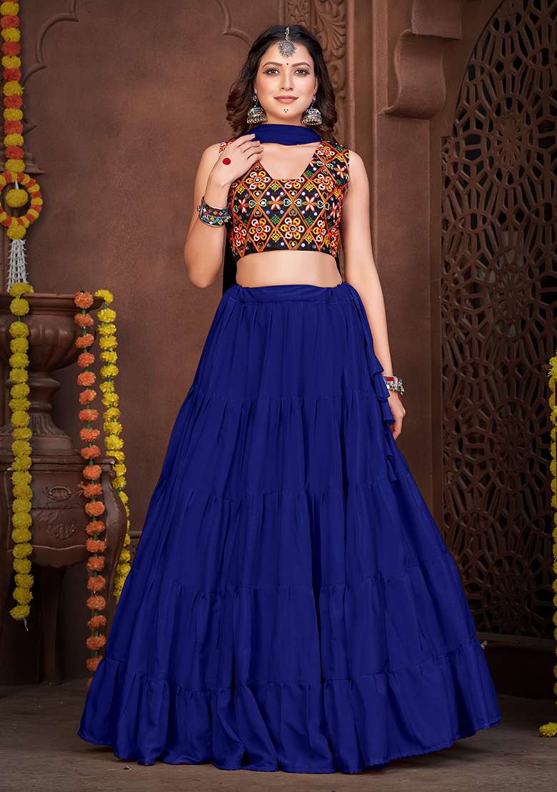 Blue Embroidered Mono Silk Blend Chaniya Choli Set For Navratri And Garba for Diwali and Festive Wear - Indya