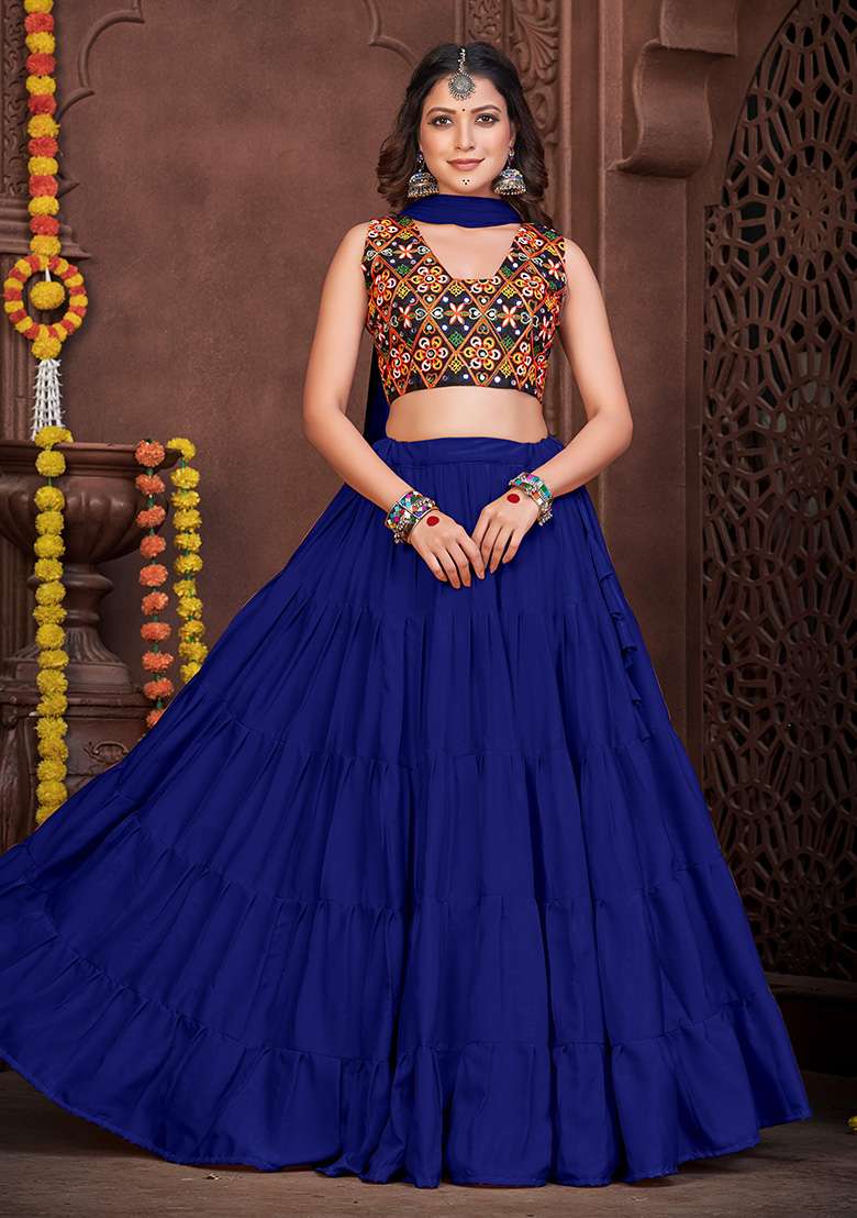 Blue Embroidered Mono Silk Blend Chaniya Choli Set For Navratri And Garba for Diwali and Festive Wear - Indya