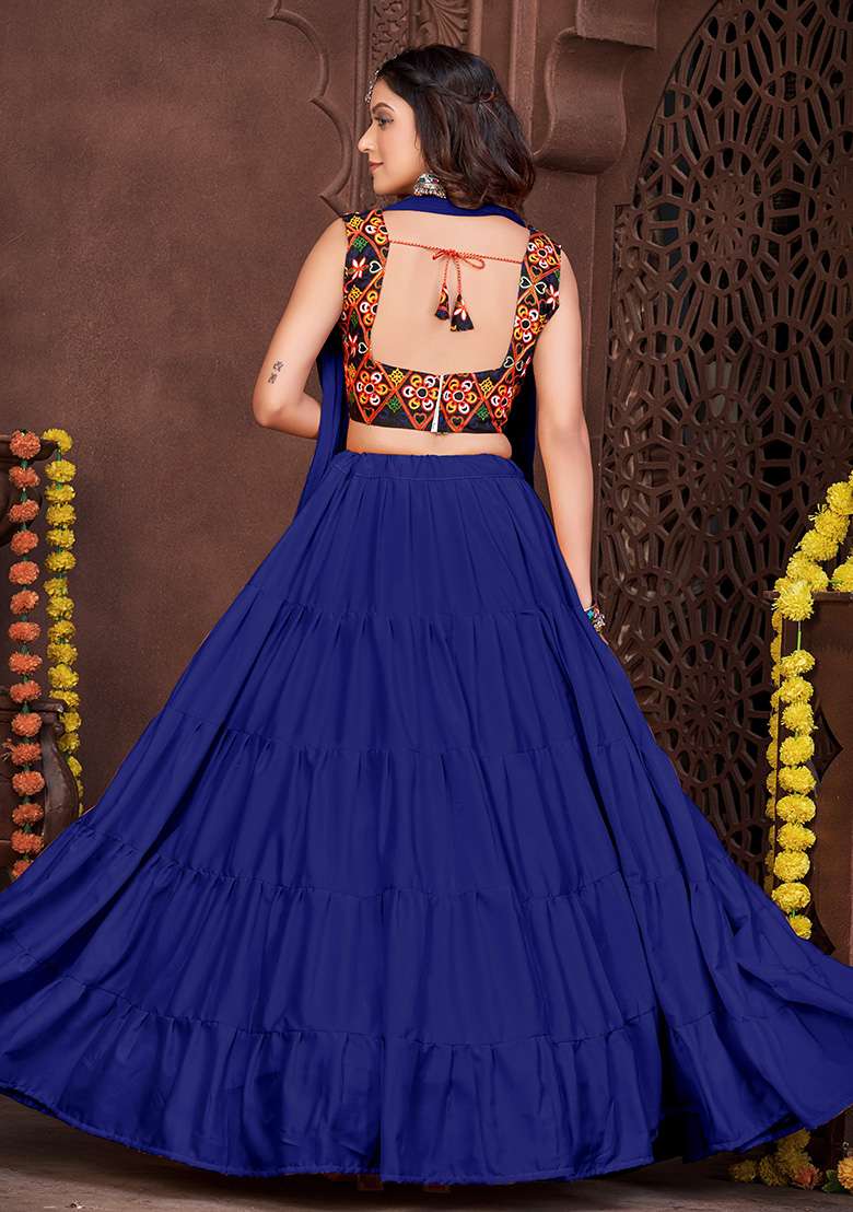 Blue Embroidered Mono Silk Blend Chaniya Choli Set For Navratri And Garba for Diwali and Festive Wear - Indya