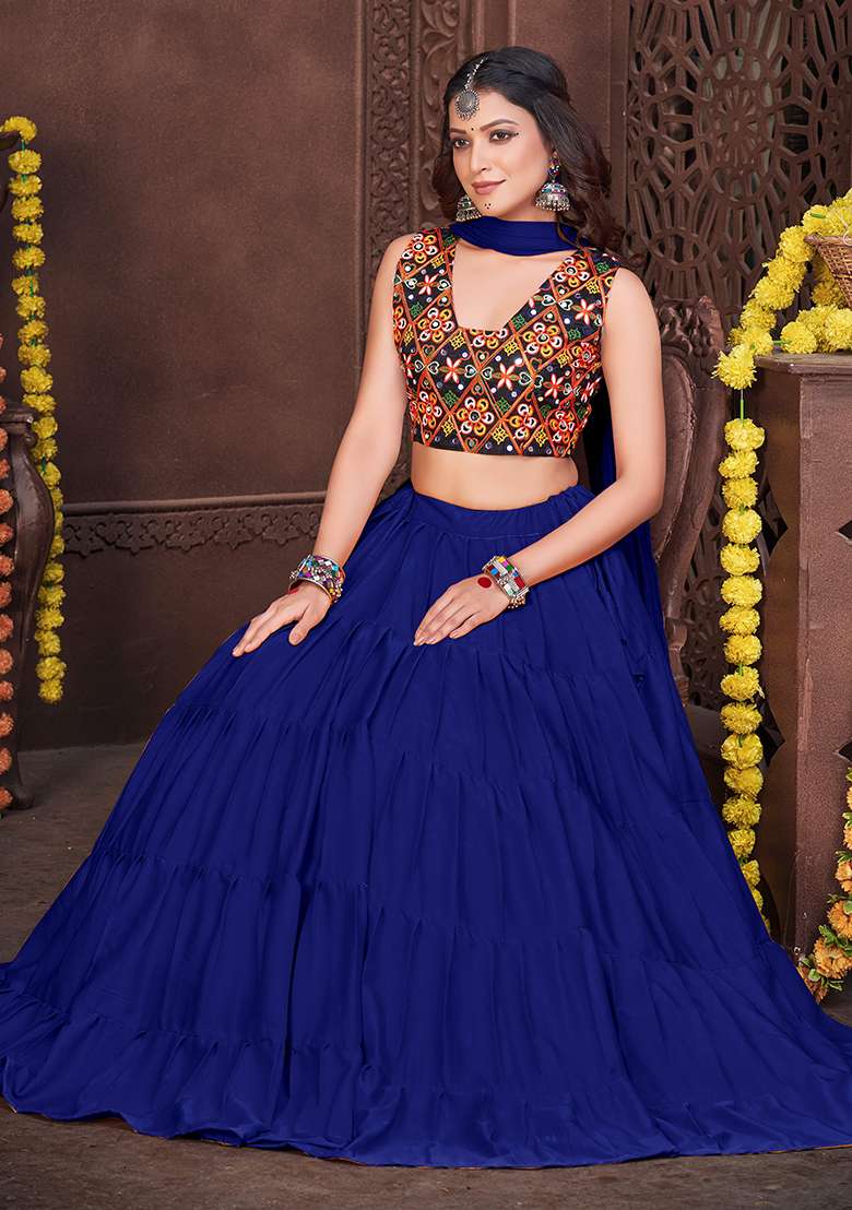 Blue Embroidered Mono Silk Blend Chaniya Choli Set For Navratri And Garba for Diwali and Festive Wear - Indya