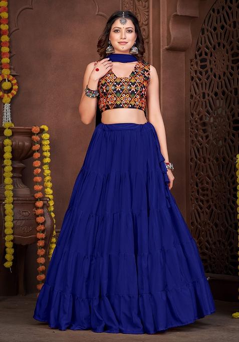 Blue Embroidered Mono Silk Lehenga Set With Dupatta