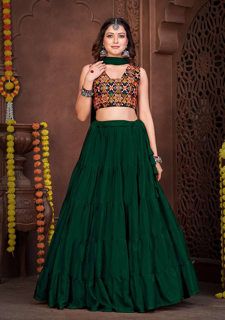 Green Embroidered Mono Silk Blend Chaniya Choli Set For Navratri And Garba for Diwali | Wedding & Festive Wear - Indya
