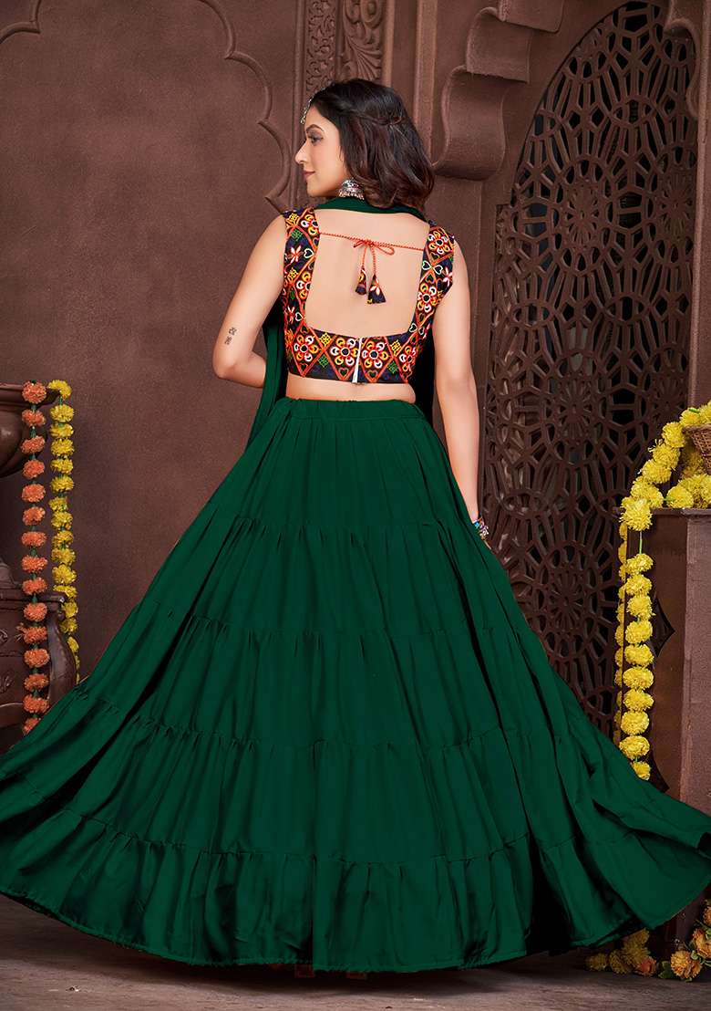 Green Embroidered Mono Silk Blend Chaniya Choli Set For Navratri And Garba for Diwali | Wedding & Festive Wear - Indya