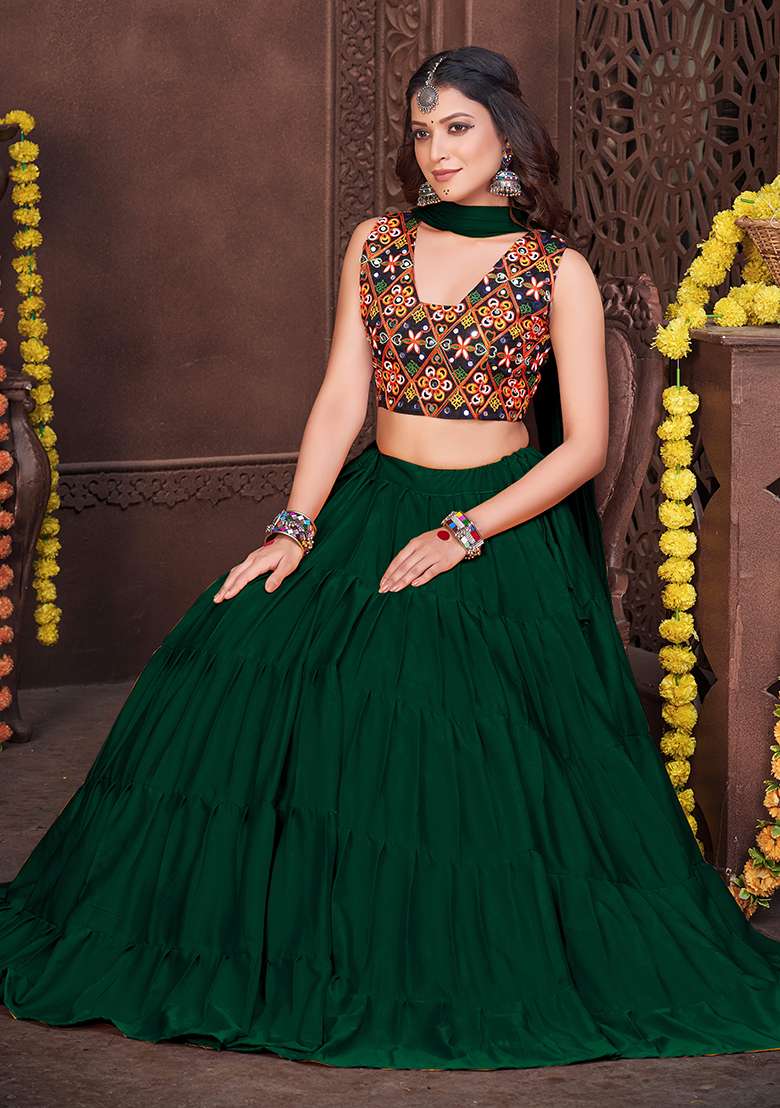 Green Embroidered Mono Silk Blend Chaniya Choli Set For Navratri And Garba for Diwali | Wedding & Festive Wear - Indya