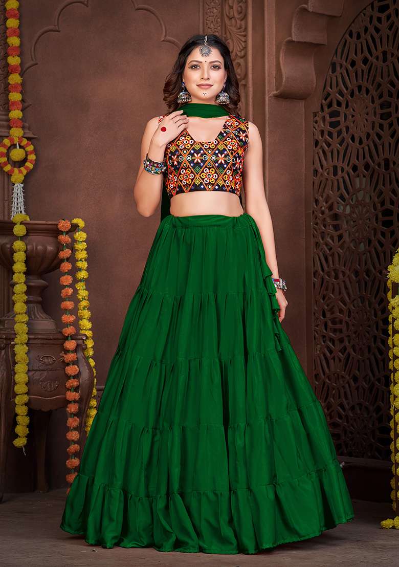 Green Embroidered Mono Silk Blend Chaniya Choli Set For Navratri And Garba for Diwali | Wedding & Festive Wear - Indya