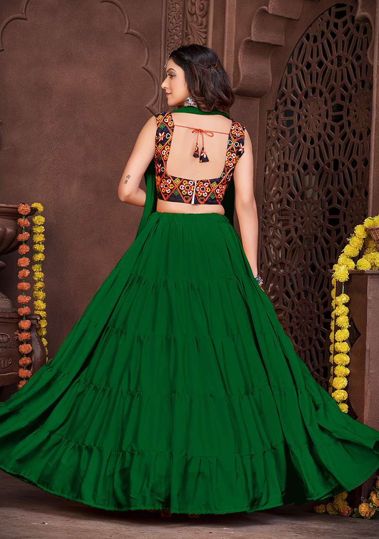 Green Embroidered Mono Silk Blend Chaniya Choli Set For Navratri And Garba for Diwali | Wedding & Festive Wear - Indya