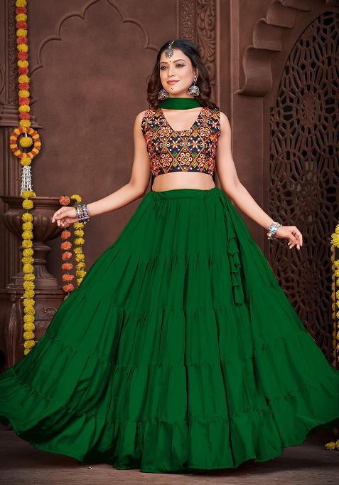Green Embroidered Mono Silk Lehenga Set With Dupatta