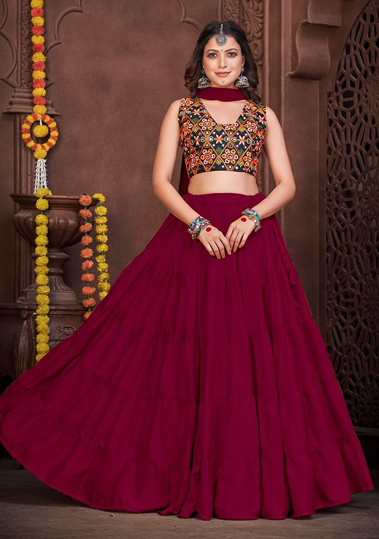 Maroon Embroidered Mono Silk Blend Chaniya Choli Set For Navratri And Garba for Diwali | Wedding & Festive Wear - Indya