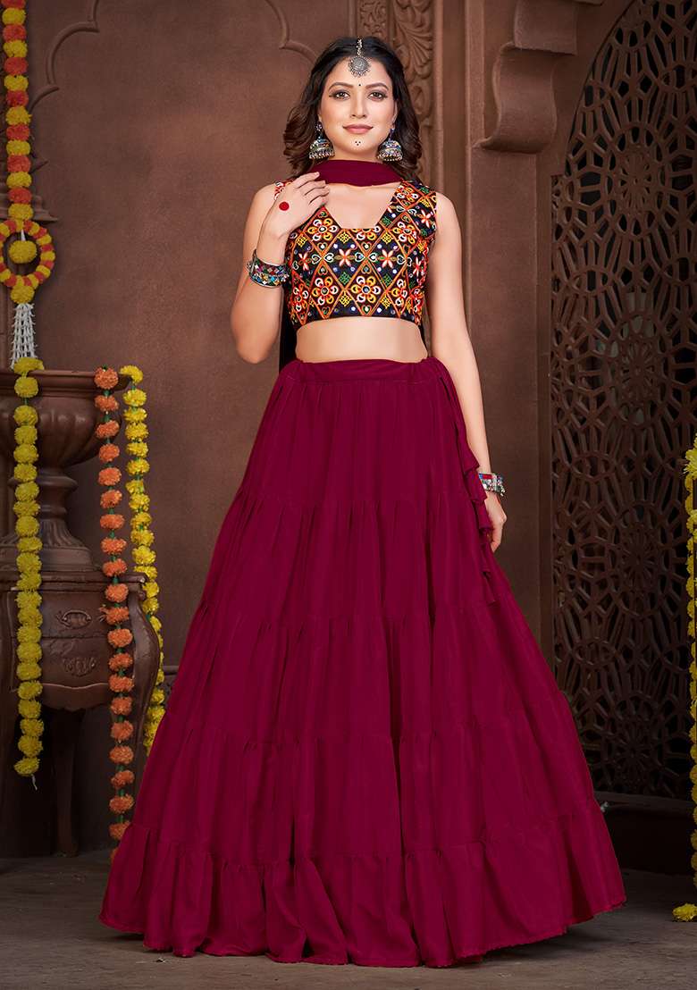 Maroon Embroidered Mono Silk Blend Chaniya Choli Set For Navratri And Garba for Diwali | Wedding & Festive Wear - Indya