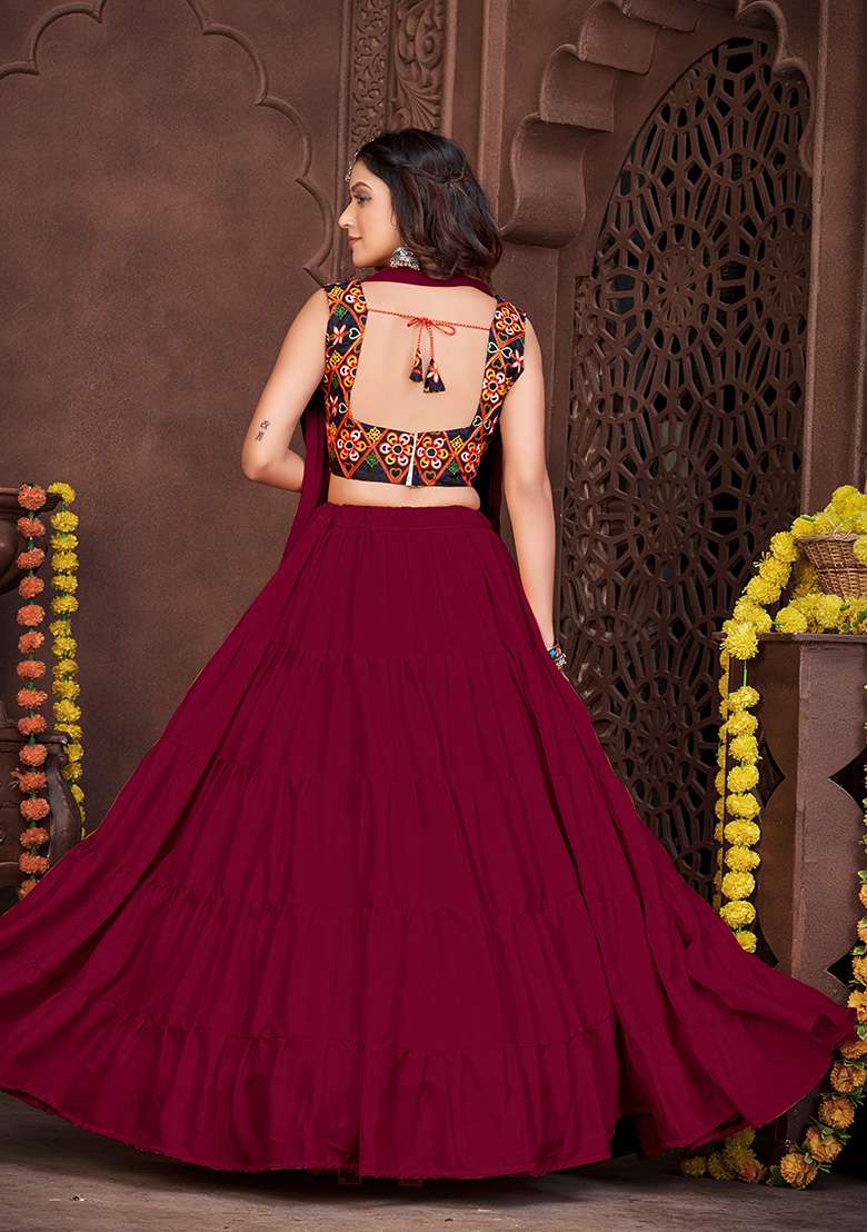 Maroon Embroidered Mono Silk Blend Chaniya Choli Set For Navratri And Garba for Diwali | Wedding & Festive Wear - Indya