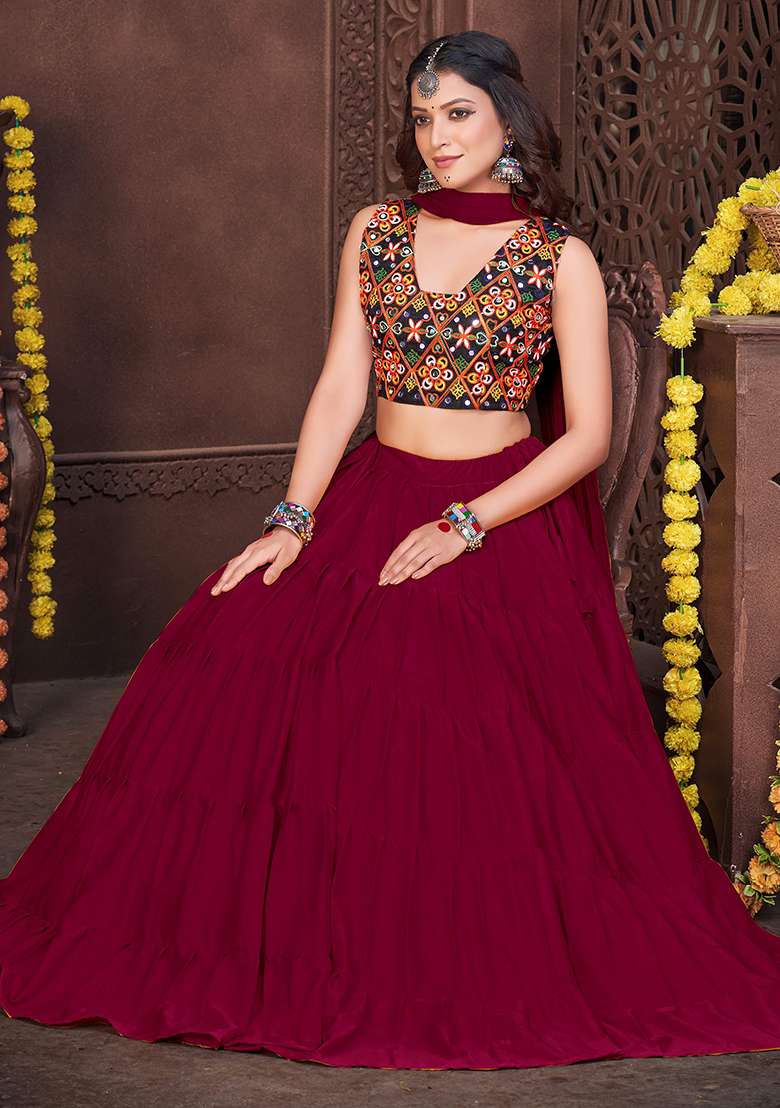 Maroon Embroidered Mono Silk Blend Chaniya Choli Set For Navratri And Garba for Diwali | Wedding & Festive Wear - Indya