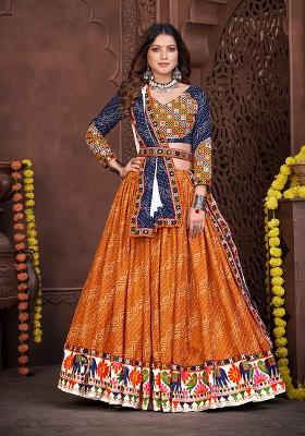 Blue Embroidered Cotton Silk Lehenga Set With Dupatta