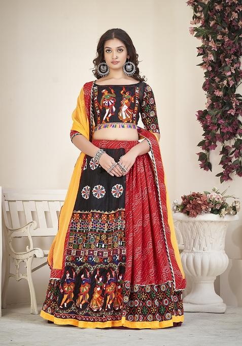 Red Embroidered Mono Silk Lehenga Set With Dupatta