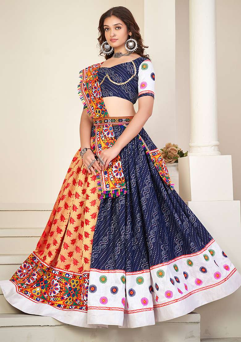 Blue Embroidered Mono Silk Blend Chaniya Choli Set For Navratri And Garba - Indya