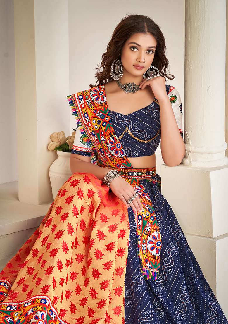 Blue Embroidered Mono Silk Blend Chaniya Choli Set For Navratri And Garba - Indya
