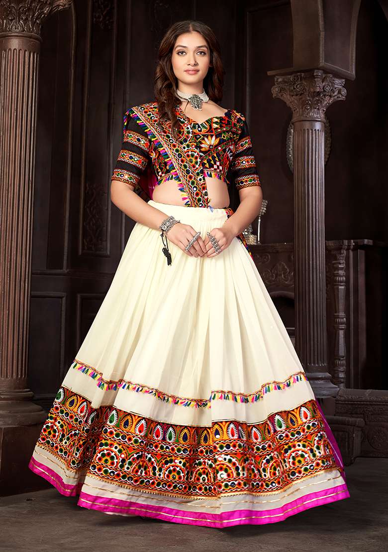 White Embroidered Mono Silk Blend Chaniya Choli Set For Navratri And Garba for Diwali and Festive Wear - Indya