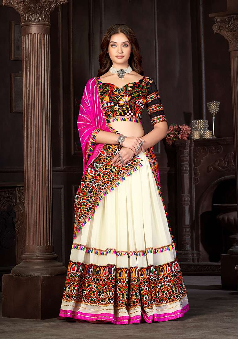 White Embroidered Mono Silk Blend Chaniya Choli Set For Navratri And Garba for Diwali and Festive Wear - Indya