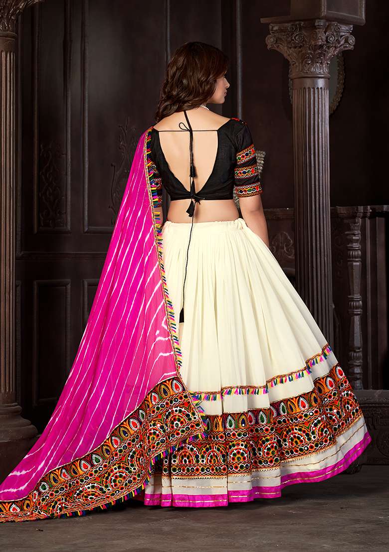 White Embroidered Mono Silk Blend Chaniya Choli Set For Navratri And Garba for Diwali and Festive Wear - Indya