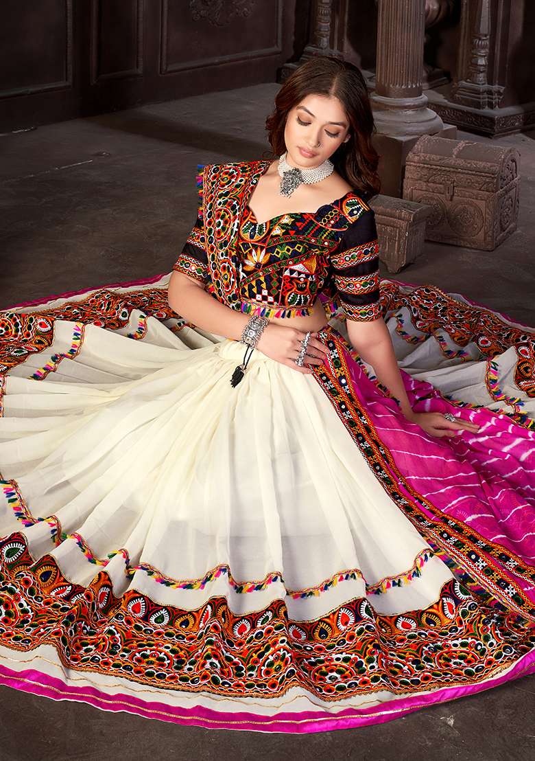 White Embroidered Mono Silk Blend Chaniya Choli Set For Navratri And Garba for Diwali and Festive Wear - Indya