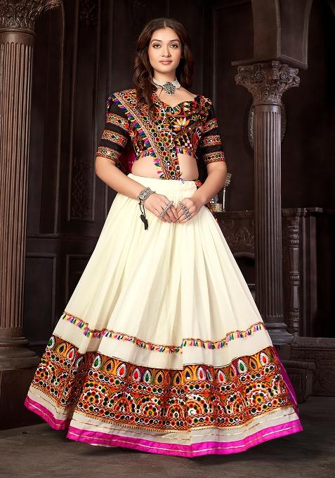White Embroidered Mono Silk Blend Lehenga Set With Dupatta