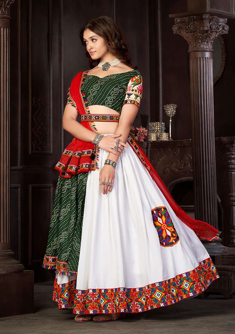 White Embroidered Mono Silk Blend Chaniya Choli Set For Navratri And Garba for Diwali | Wedding & Festive Wear - Indya