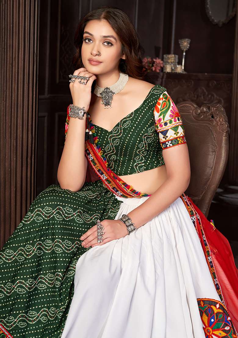White Embroidered Mono Silk Blend Chaniya Choli Set For Navratri And Garba for Diwali | Wedding & Festive Wear - Indya